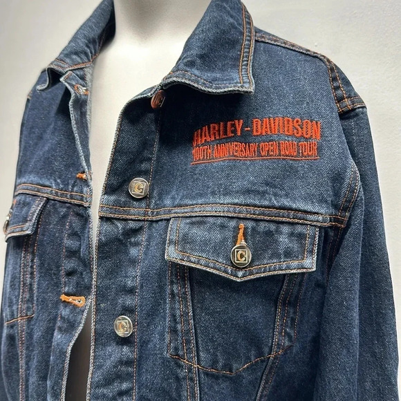 Harley Davidson Motorcycles Denim Jean Jacket Patches 100th Anniversary Blue XL - Picture 2 of 12